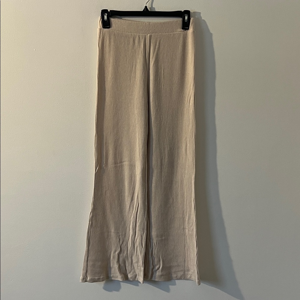Beige Ribbed Wide-Leg Pants